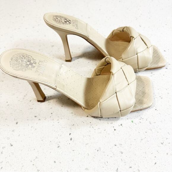 Vince Camuto Brelanie Woven Leather Mule Heeled Sandals Beige 8.5 - Picture 1 of 12